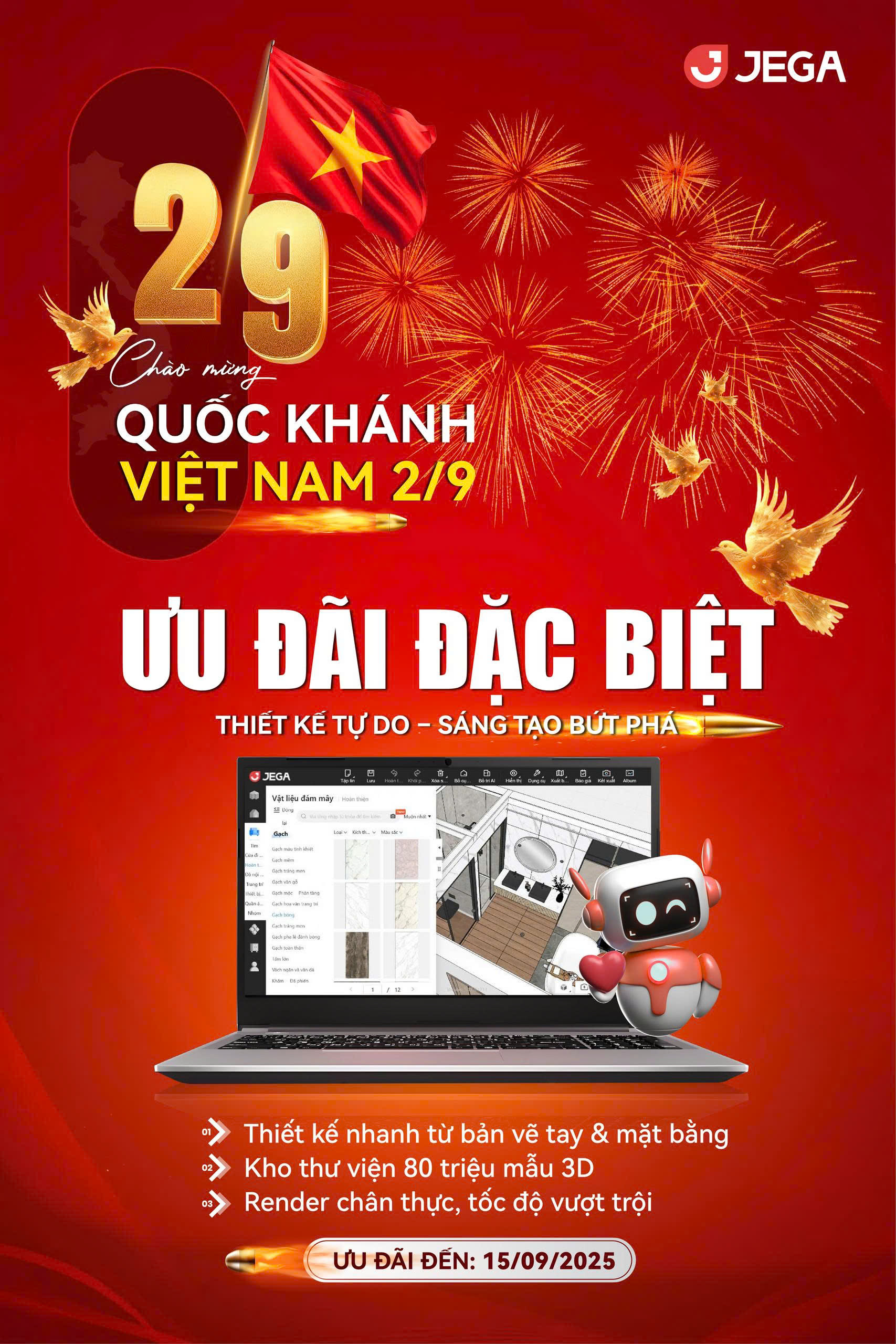 BÙNG NỔ ƯU ĐÃI KHỦNG CHỈ CÓ TRONG MÙA LỄ 2/9 - THIẾT KẾ NỘI THẤT 3D CHỈ TRONG TÍCH TẮC!